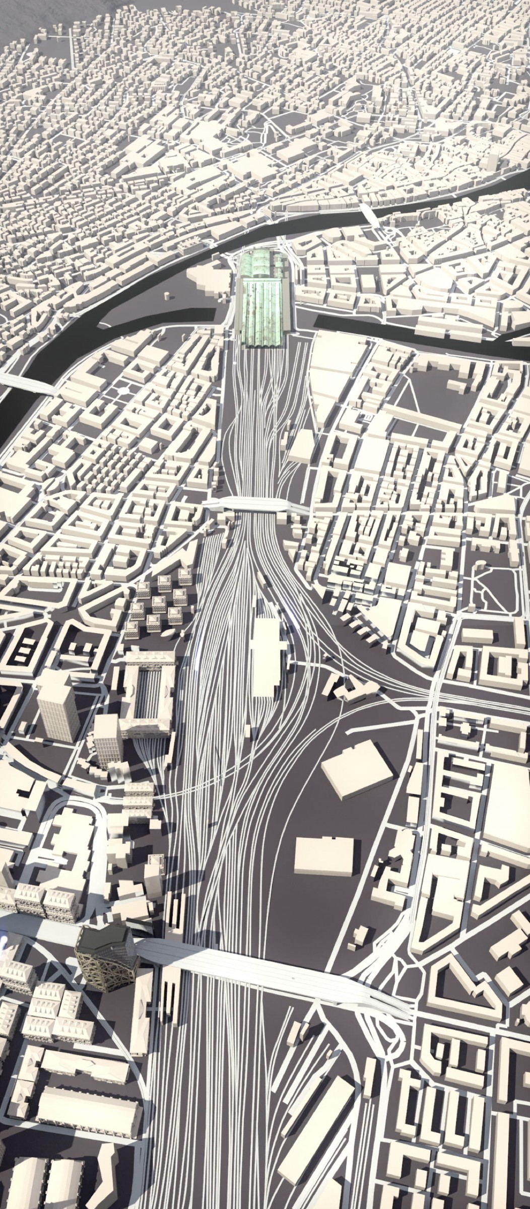 Monochrome 3D motion still — aerial view of a city and its rail network for the Future of Mobility module